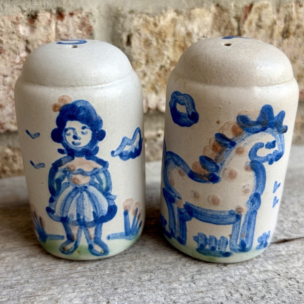 M.A. Hadley Style 3" Salt & Pepper Shakers Wife & Horse Blue Folk Art Pottery